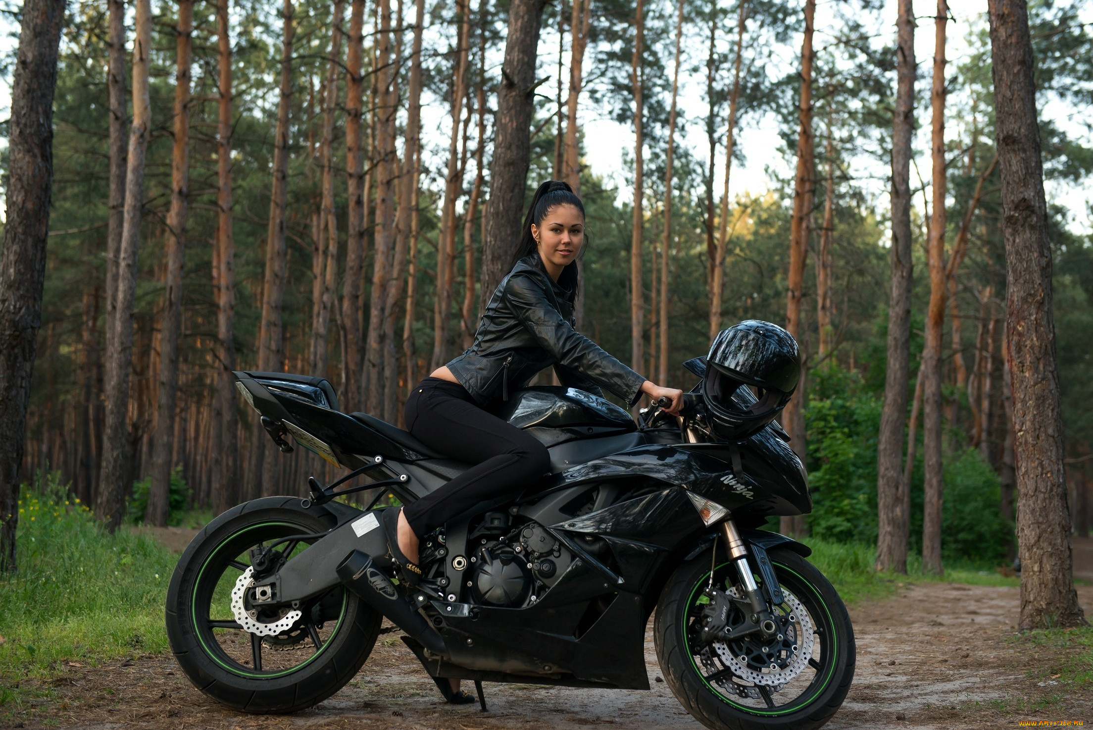 , , , motorbike, motorcycle, kawasaki, ninja, forrest, brunette